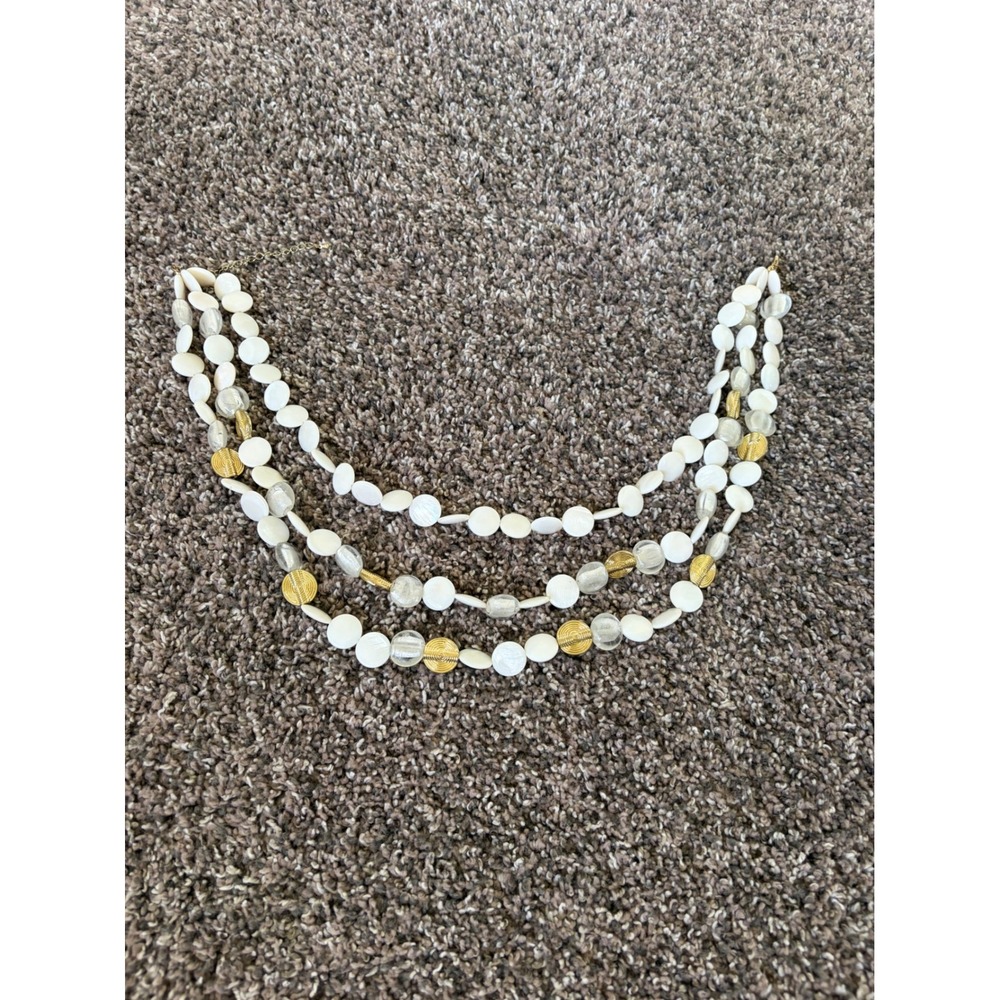 White Shell Style Triple Strand Necklace Gold Tone Accents Beaded Statement
